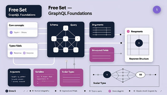 An educational infographic diagram titled 'Free Set - GraphSQL Foundations' explaining core concepts like schema, query, arguments, and response structure using dark navy, purple, and white blocks on a light lavender background.