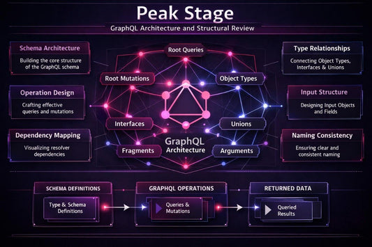 An infographic titled 'Peak Stage' about GraphQL Architecture and Structural Review, featuring a central node diagram with connected topics like Root Queries, Object Types, Unions, Fragments, Arguments, Schema Architecture, Operation Design, Dependency Mapping, Type Relationships, Input Structure, and Naming Consistency on a dark purple background.