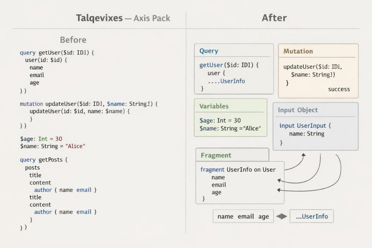A digital diagram showing a before-and-after comparison of a JavaScript API mutation query using the Talqevixes Axis Pack. The left panel, labeled 'Before', displays the initial query and mutation code for updating a user's name.