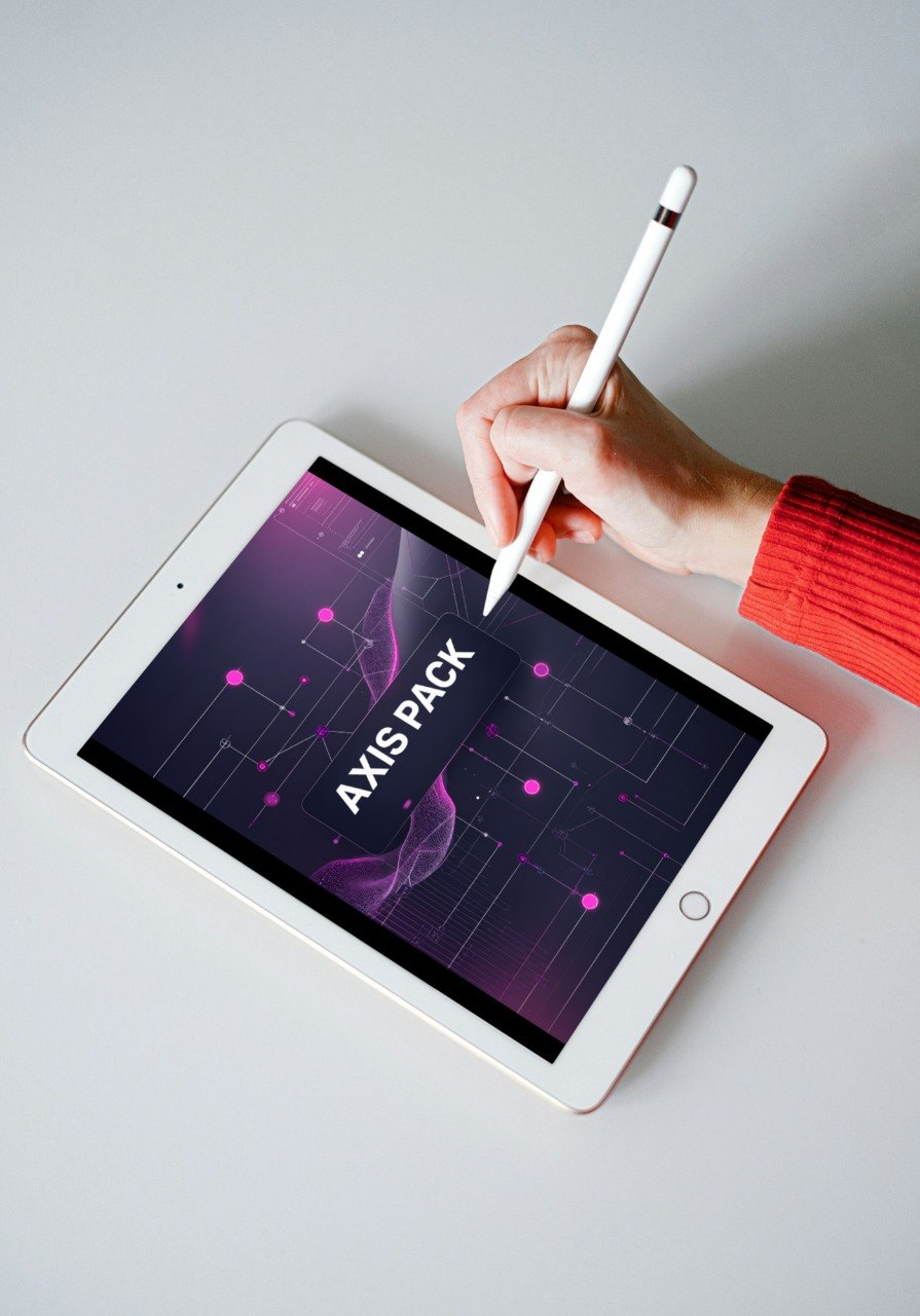 A white tablet on a light gray surface, with a hand holding a white stylus pointing at the screen. The screen displays a dark interface with pink dots and the text 'PULSE KIT'.