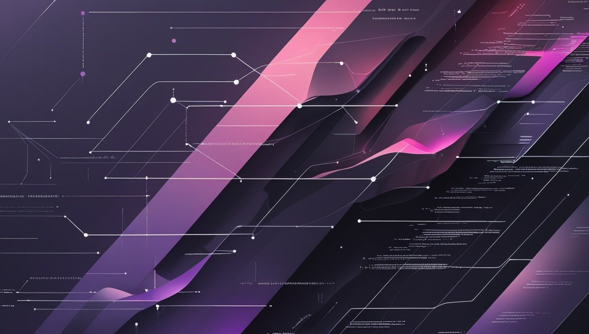 Abstract digital artwork featuring layered diagonal geometric shapes in shades of purple, pink, and black, overlaid with fine white circuit-like lines and small text elements.