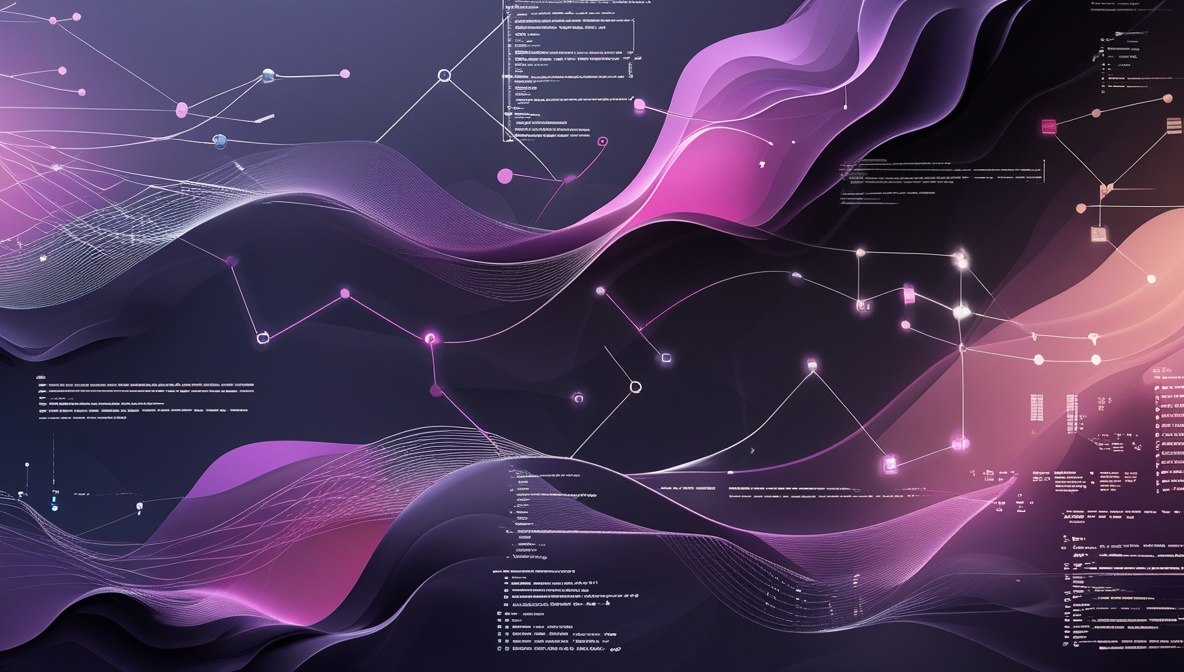 Abstract digital artwork with flowing purple, pink, and black waves overlaid with glowing network nodes, lines, and small blocks of text on a dark background.
