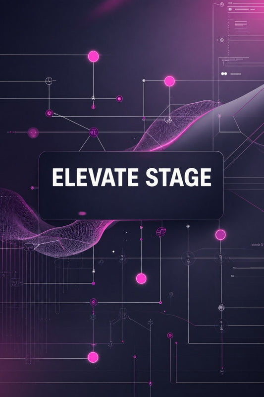 Digital graphic with the words 'ELEVATE STAGE' in white text inside a dark rounded rectangle, set against a purple and black abstract tech background with glowing pink nodes and wireframe lines.