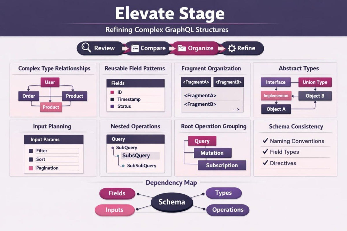 An infographic titled 'Elevate Stage' explaining how to refine complex GraphQL structures, featuring a step-by-step guide from 'Complex Type Relationships' to 'Dependency Map' with diagrams and text on a light background.