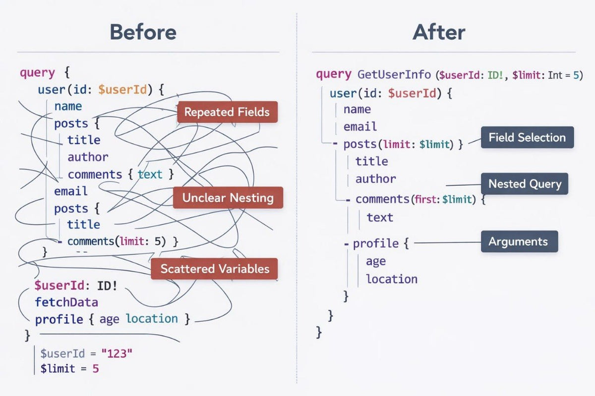 A side-by-side SQL query optimization comparison labeled 'Before' and 'After' on a light gray background. The left 'Before' panel shows a messy nested query with tangled lines and red highlighted fields such as 'Repeated Fields', 'Unclear Nesting', and 'Scattered Variables'.
