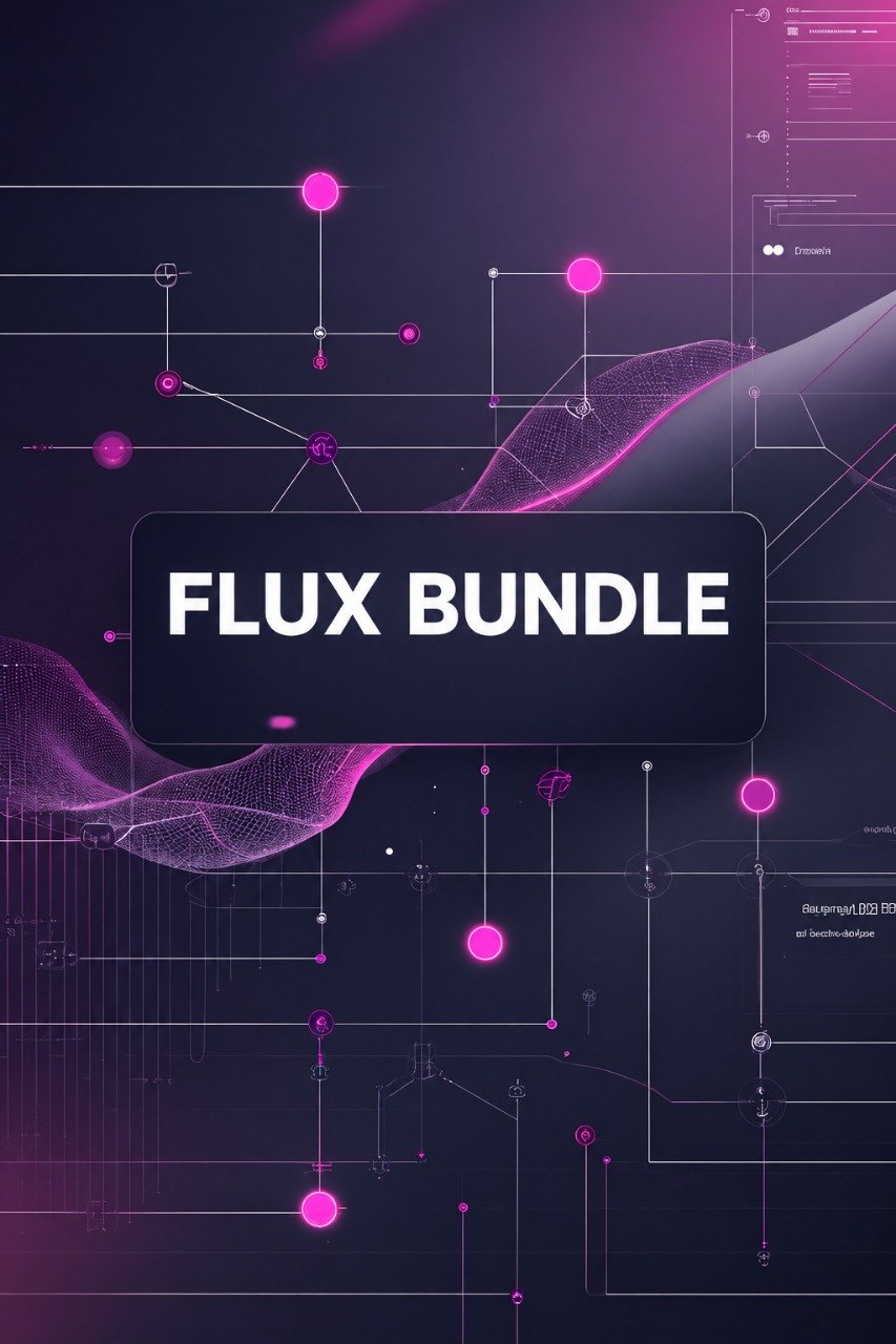 Digital cover art for a 'FLUX BUNDLE' featuring a dark purple and black background with glowing pink and magenta abstract wave patterns, network nodes, and technical schematic lines.