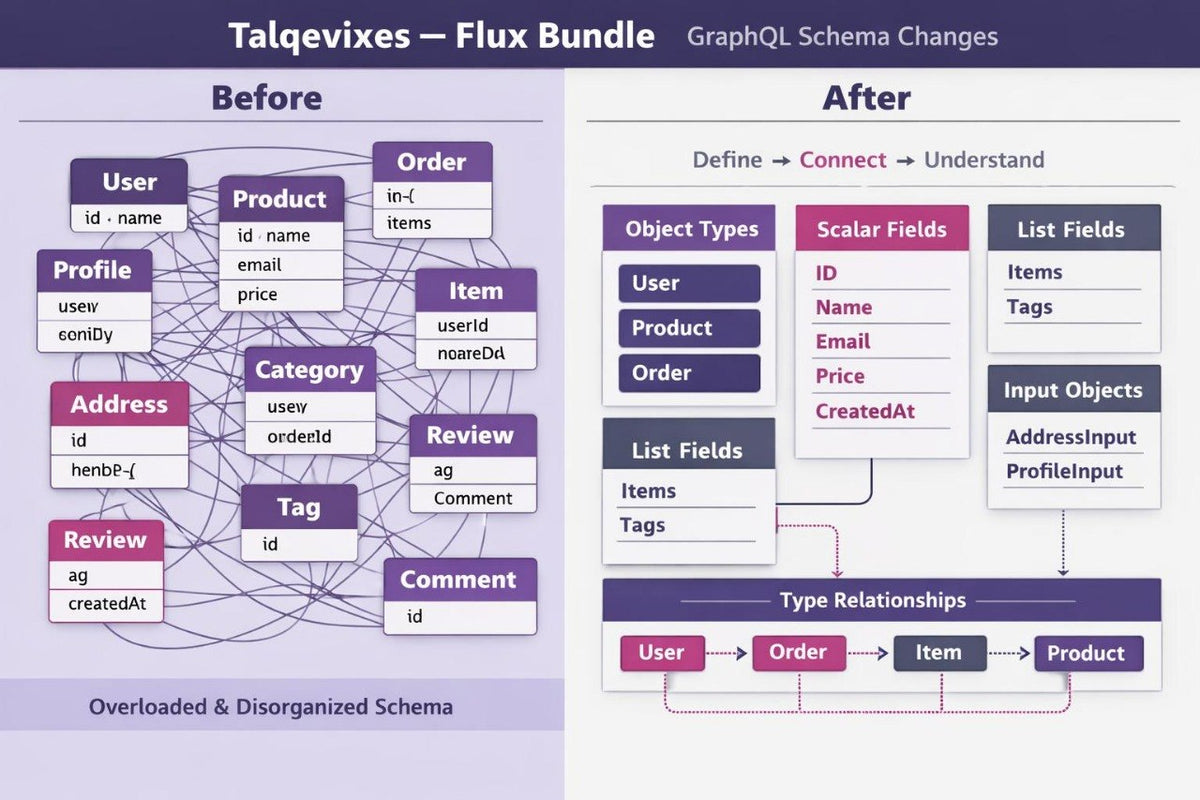 A digital infographic titled 'Talqevixes - Flux Bundle GraphQL Schema Changes' showing a before-and-after comparison of a disorganized schema on the left and a streamlined schema on the right.