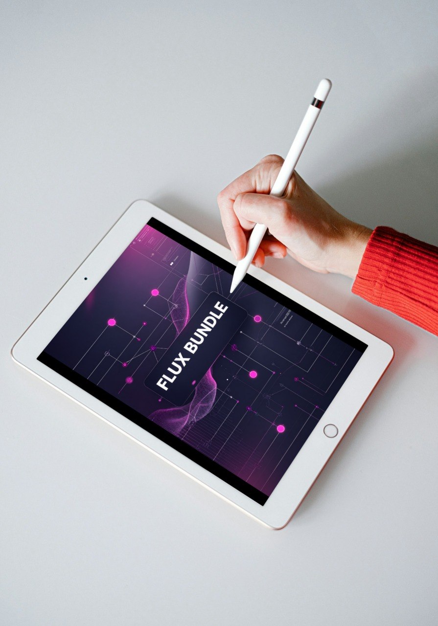 A white tablet on a light gray surface, with a hand holding a white stylus pointing at the screen. The screen displays a dark purple and pink digital interface with the text 'ELEVATE STAGE'.