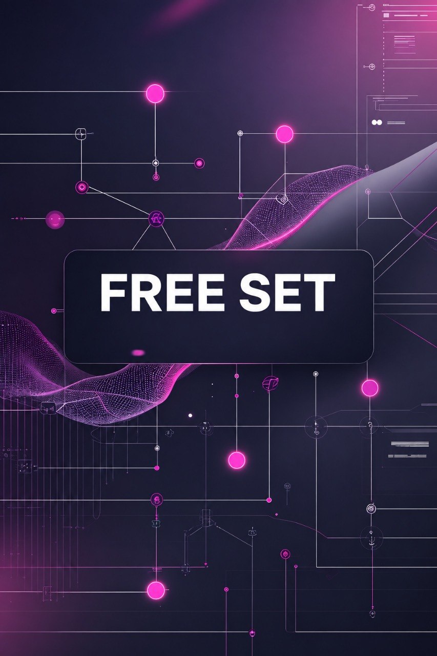 A digital promotional graphic with the words 'FREE SET' in white text inside a dark rounded rectangle, surrounded by abstract purple and pink glowing nodes, lines, and wave-like curves on a dark background.
