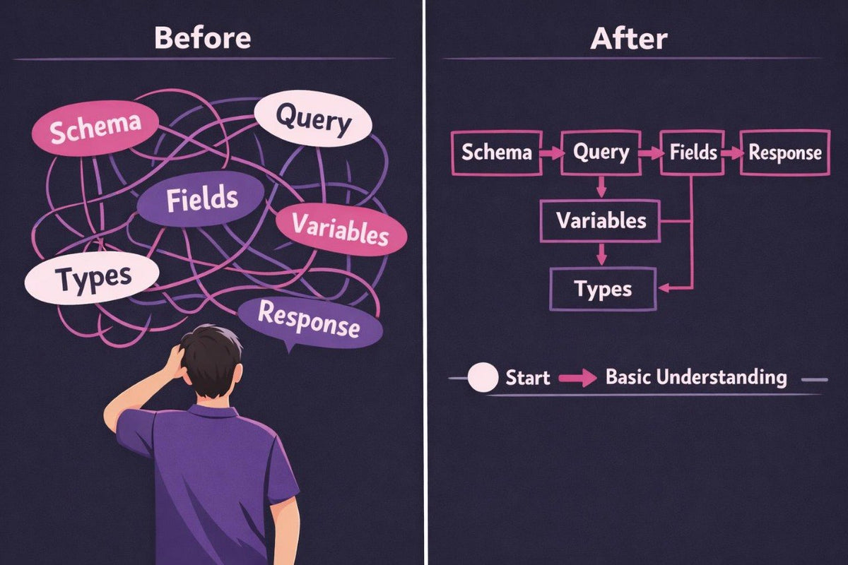 A split educational infographic comparing 'Before' and 'After' understanding of database concepts. The left side shows a person looking at a tangled web of labeled concepts (Schema, Query, Fields, Variables, Types, Response) on a dark background.