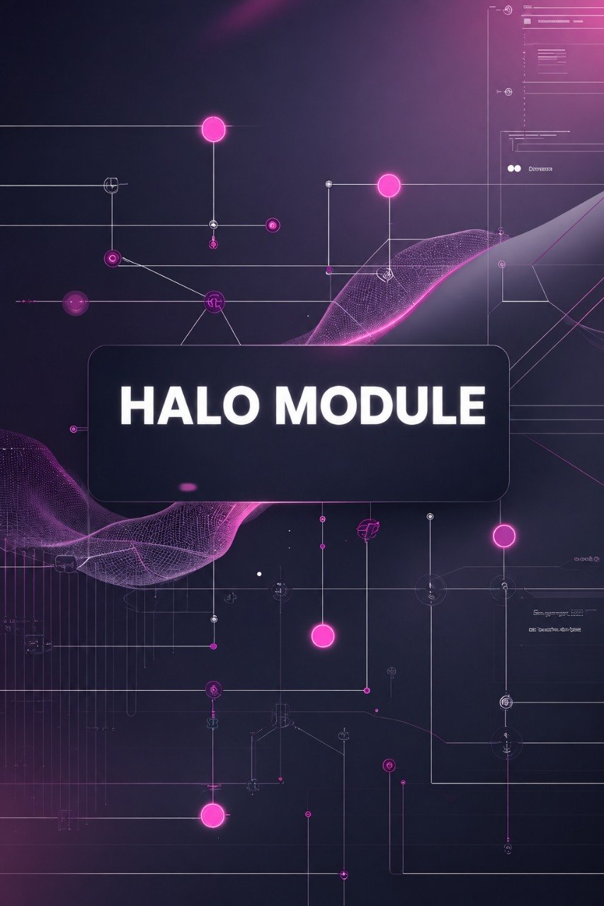 A digital graphic with the text 'HALO MODULE' in white inside a dark rounded rectangle, set against a futuristic dark purple and pink abstract network diagram background.