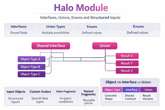 A digital infographic titled 'Halo Module' explaining concepts like Interfaces, Union Types, Enums, and Structured Inputs, using a color palette of pink, purple, and blue on a white background.