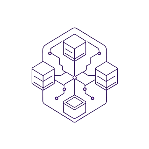 A minimalist purple line-art icon depicting a network or database architecture with servers and connected nodes, isolated on a solid white background.