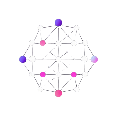 A geometric molecular model or digital graphic of a complex organic structure, featuring white circular nodes connected by thin gray lines, with several gradient spheres in purple, pink, and blue accents, set against a solid white background.
