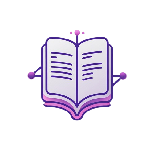 A stylized vector illustration of an open book with purple outlines and pink shading on a plain white background.