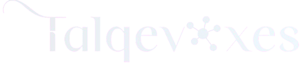 A faint, pale lavender logo reading 'talqevxes' with a stylized star-like symbol in the center, shown on a solid white background.