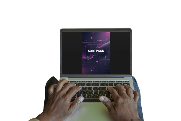A top-down view of a person's hands typing on a laptop computer. The laptop screen displays a digital graphic with the text 'AXIS PACK' over a purple and black abstract background.