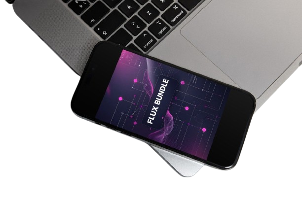 A black smartphone lying diagonally across a silver laptop on a clean white background. The phone screen displays a digital graphic with the text 'FLUX BUNDLE' over a purple and pink abstract circuit design.