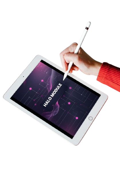 A white tablet angled on a white background, with a hand holding a white stylus pointing at the screen. The screen displays a dark purple interface with the text 'HALO MODULE'.