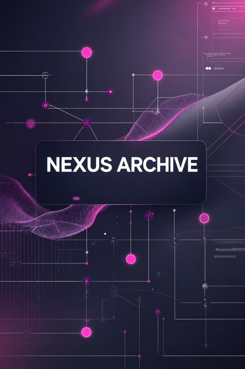 A digital cover graphic with the text 'NEXUS ARCHIVE' in white inside a dark rounded rectangle, set against a futuristic dark background with pink and purple glowing nodes, lines, and abstract wave shapes.