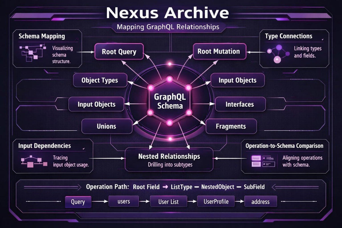 An infographic titled 'Nexus Archive' explaining GraphQL schema concepts like Root Query, Root Mutation, Input Objects, Interfaces, Fragments, and Nested Relationships, presented on a dark purple and black background with glowing pink and purple interface elements.