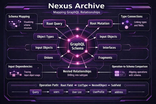 An infographic titled 'Nexus Archive' explaining GraphQL schema concepts like Root Query, Root Mutation, Input Objects, Interfaces, Fragments, and Nested Relationships, presented on a dark purple and black background with glowing pink and purple interface elements.