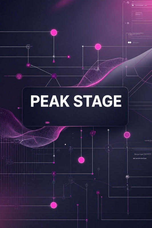 A digital graphic with the words 'PEAK STAGE' in white text inside a dark rounded rectangle, set against a futuristic dark purple and pink abstract network background with glowing nodes and wave lines.