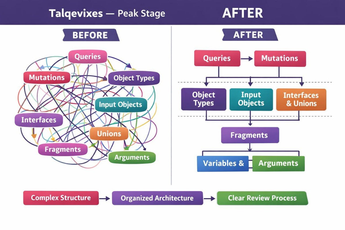 A comparison infographic titled 'Talgevixes — Peak Stage' with a purple header and two main columns labeled BEFORE and AFTER. The left 'Before' section shows a tangled web of labeled elements such as queries, mutations, object types, input objects, interfaces, unions, and arguments.