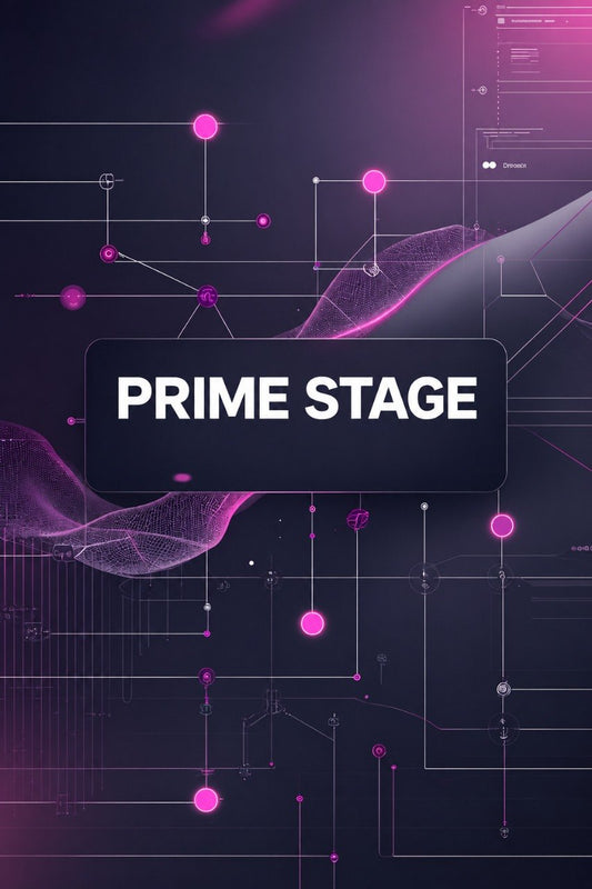 Digital graphic with the words 'PRIME STAGE' in white text inside a dark rounded rectangle, set against a dark purple and black background with glowing pink nodes and abstract wavy lines.