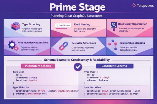 A purple and pink educational infographic titled 'Prime Stage' by Talqviex, explaining GraphQL concepts like type grouping, field naming, root query organization, root mutation organization, reusable structures, and relationship mapping with schema examples.