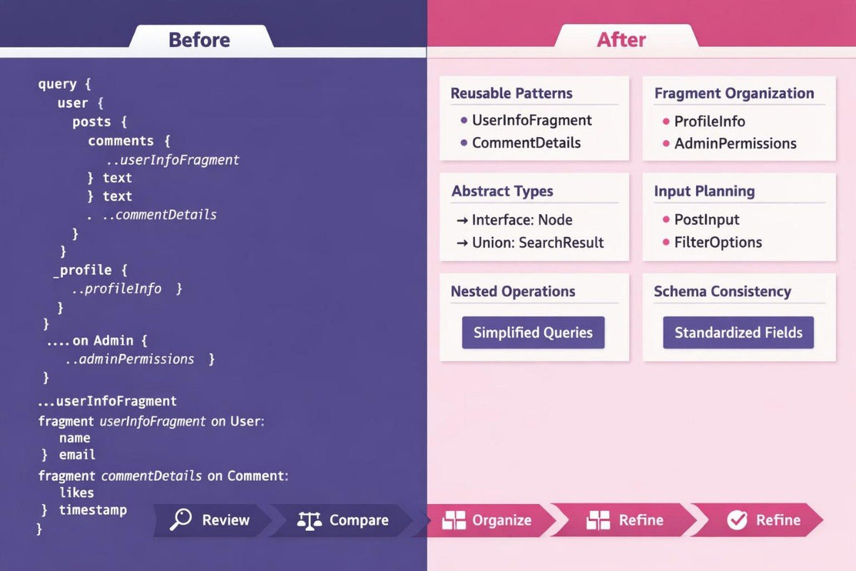 A digital comparison graphic labeled 'Before' and 'After' with PostgreSQL query code on a purple background on the left and a pink layout on the right showing organizational benefits such as reusable patterns, fragment organization, abstract types, input planning, nested operations, and schema consistency.