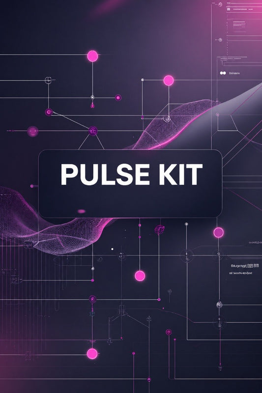 A digital graphic with the text 'PULSE KIT' in white inside a dark rounded rectangle, set against a dark purple and black background with glowing pink nodes and abstract wireframe wave lines.