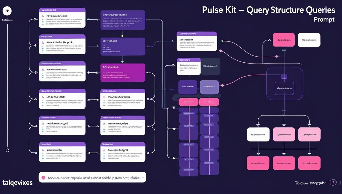 A digital flowchart titled 'Pulse Kit – Query Structure Queries Prompt' on a dark navy background, with purple, pink, white, and blue boxes connected by lines. Small logos for talquevixes and Tuscany Infographics appear at the bottom.