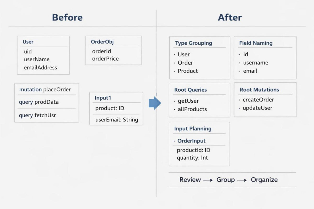 A before-and-after database query optimization comparison chart on a light gray background. The left side labeled 'Before' shows query blocks such as User, OrderObj, and mutation placeOrder.