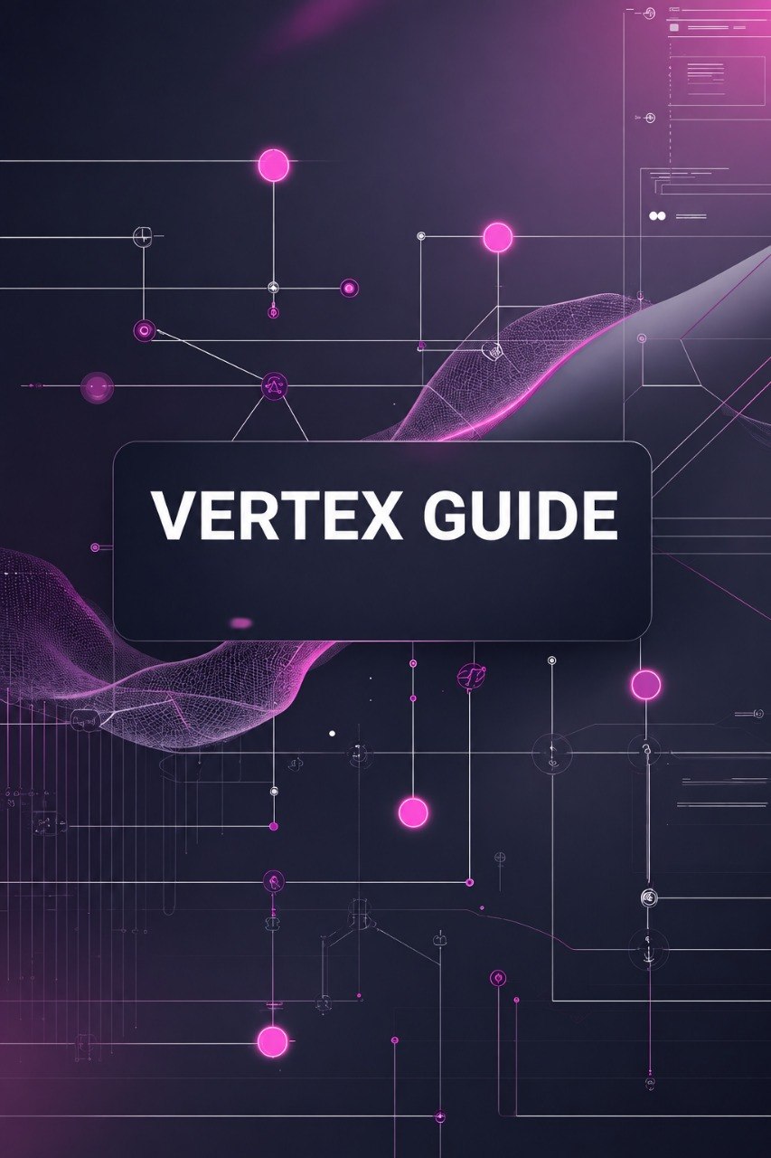 A digital cover design for a guide titled 'VERTEX GUIDE' in white sans-serif text inside a dark rounded rectangle, set against a futuristic dark purple and black background with glowing pink nodes, lines, and abstract wave graphics.