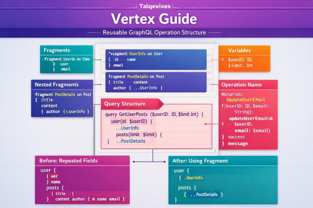 A digital infographic titled 'Talquevixis Vertex Guide' explaining reusable GraphQL operation structures, featuring colored boxes and arrows illustrating fragments, variables, operation name, query structure, before and after fields, and message fields on a purple gradient background.