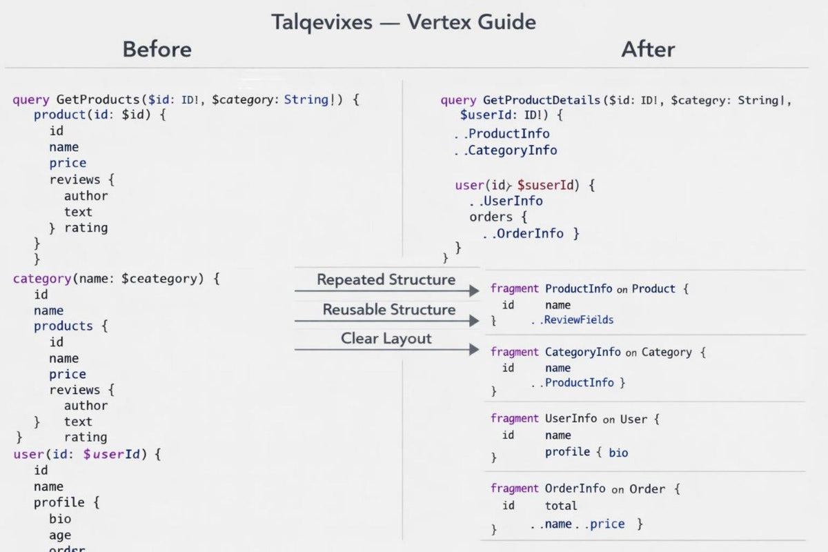 A digital comparison diagram titled 'Taqveqixes — Vertex Guide' showing SQL query and model code before and after refactorings, with 'Before' on the left, 'After' on the right, and three benefit labels in the center: 'Repeated Structure', 'Reusable Structure', and 'Clear Layout'.